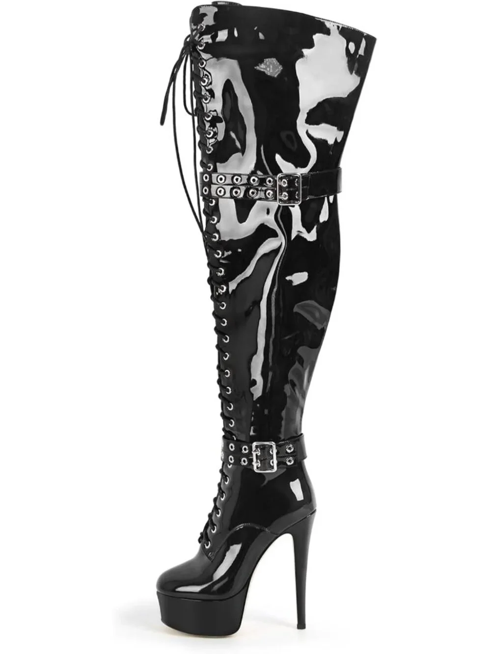 Women's Black Round Toe Platform Stiletto High Heel Over The Knee High Boots